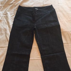 Flare leg slacks, stretch dark denim